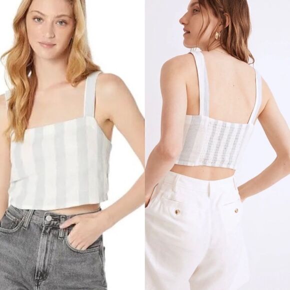 Madewell NWT Linen Blend Abbie Crop Top in Blue White Stripe Size XXL - Picture 1 of 13
